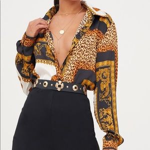 PLT Black Leopard Print Satin Oversized Shirt